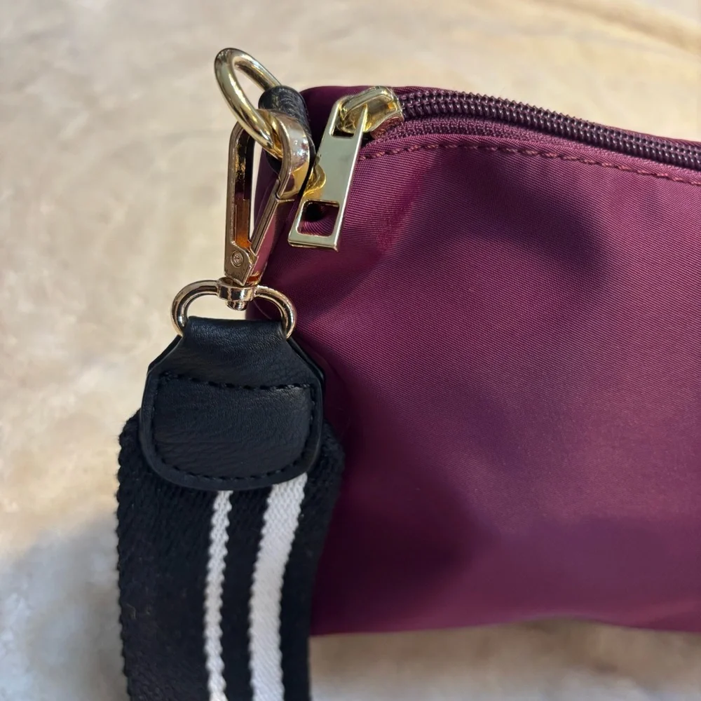 Nylon Crossbody Bag Purple Black White Striped Strap Gold-tone Hardware Zip Top
